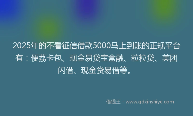 2025年的不看征信借款5000马上到账的正规平台有：便荔卡包、现金易贷宝盒融、粒粒贷、美团闪借、现金贷易借等。