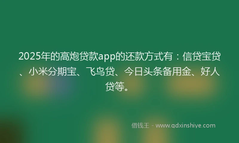2025年的高炮贷款app的还款方式有：信贷宝贷、小米分期宝、飞鸟贷、今日头条备用金、好人贷等。