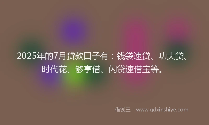 2025年的7月贷款口子有：钱袋速贷、功夫贷、时代花、够享借、闪贷速借宝等。