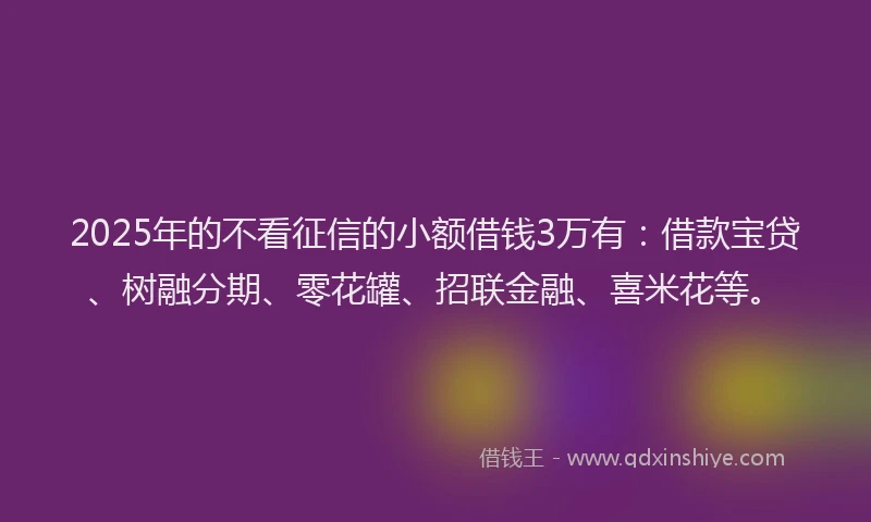 2025年的不看征信的小额借钱3万有：借款宝贷、树融分期、零花罐、招联金融、喜米花等。