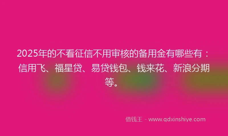 2025年的不看征信不用审核的备用金有哪些有：信用飞、福星贷、易贷钱包、钱来花、新浪分期等。