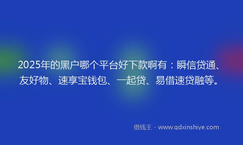 2025年的黑户哪个平台好下款啊有：瞬信贷通、友好物、速享宝钱包、一起贷、易借速贷融等。