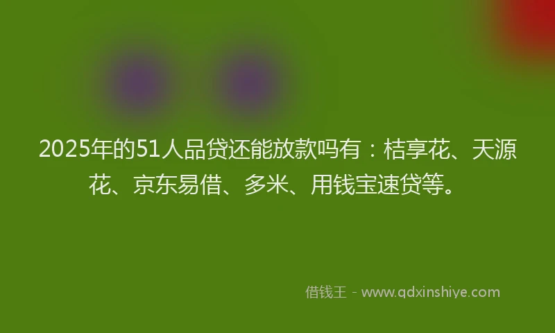 2025年的51人品贷还能放款吗有：桔享花、天源花、京东易借、多米、用钱宝速贷等。