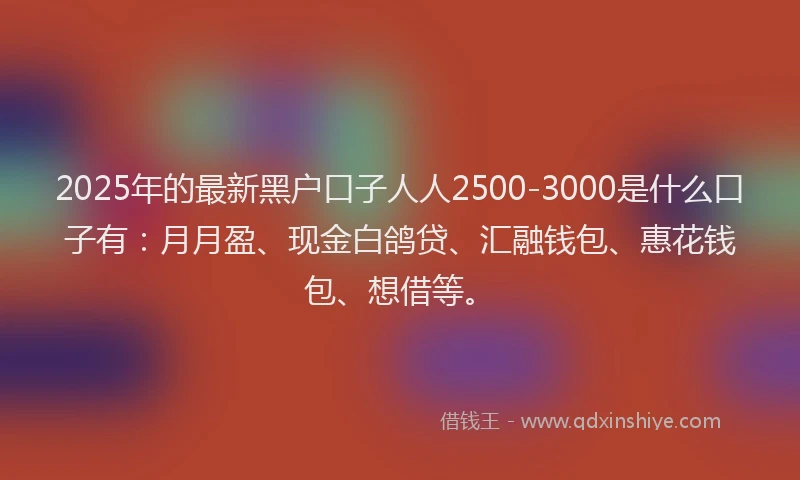 2025年的最新黑户口子人人2500-3000是什么口子有：月月盈、现金白鸽贷、汇融钱包、惠花钱包、想借等。