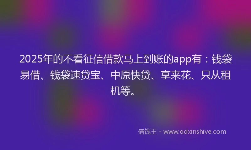2025年的不看征信借款马上到账的app有：钱袋易借、钱袋速贷宝、中原快贷、享来花、只从租机等。