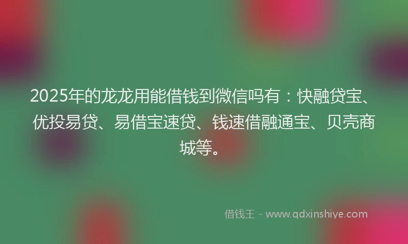 2025年的龙龙用能借钱到微信吗有：快融贷宝、优投易贷、易借宝速贷、钱速借融通宝、贝壳商城等。