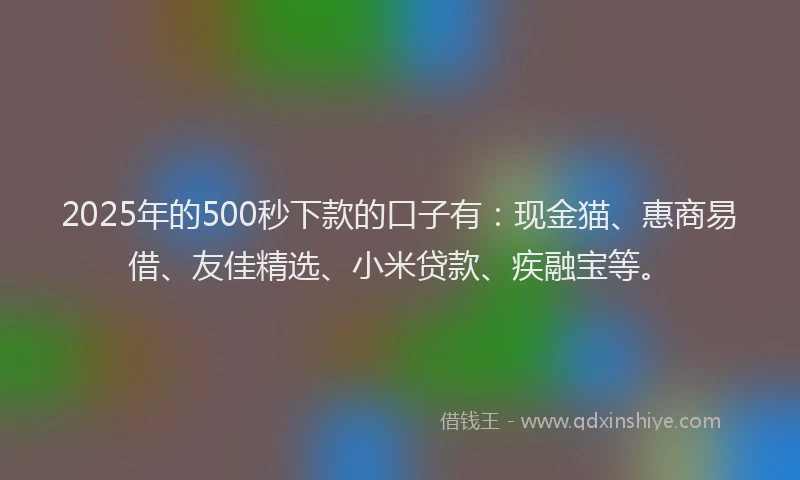 2025年的500秒下款的口子有：现金猫、惠商易借、友佳精选、小米贷款、疾融宝等。