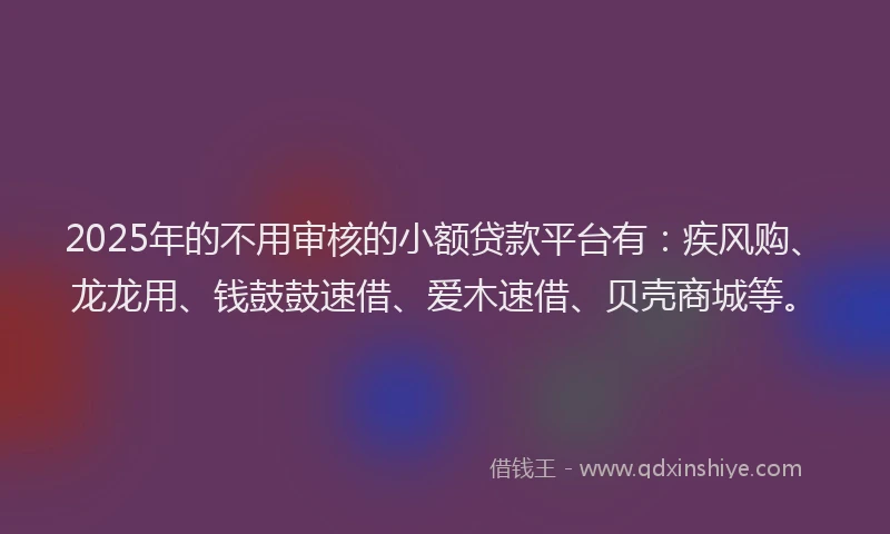 2025年的不用审核的小额贷款平台有:疾风购、龙龙用、钱鼓鼓速借、爱木速借、贝壳商城等。