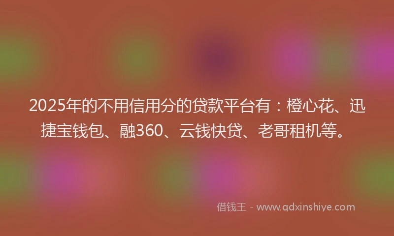 2025年的不用信用分的贷款平台有：橙心花、迅捷宝钱包、融360、云钱快贷、老哥租机等。