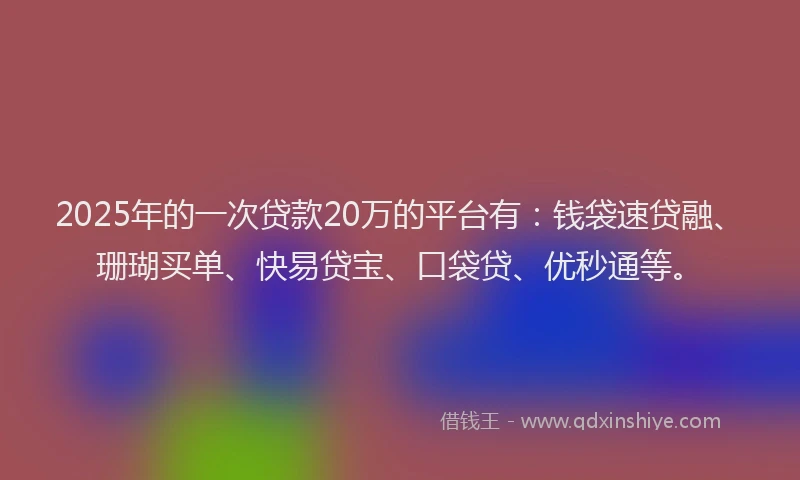 2025年的一次贷款20万的平台有：钱袋速贷融、珊瑚买单、快易贷宝、口袋贷、优秒通等。