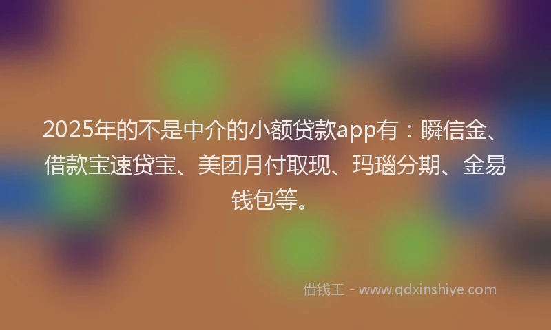 2025年的不是中介的小额贷款app有：瞬信金、借款宝速贷宝、美团月付取现、玛瑙分期、金易钱包等。