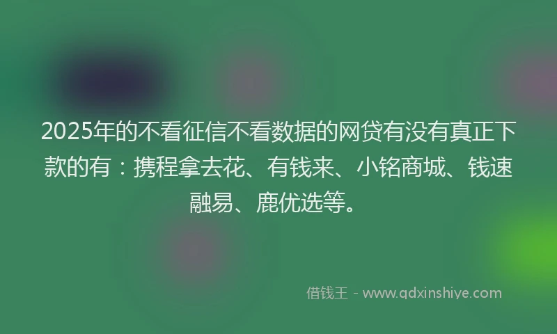 2025年的不看征信不看数据的网贷有没有真正下款的有：携程拿去花、有钱来、小铭商城、钱速融易、鹿优选等。
