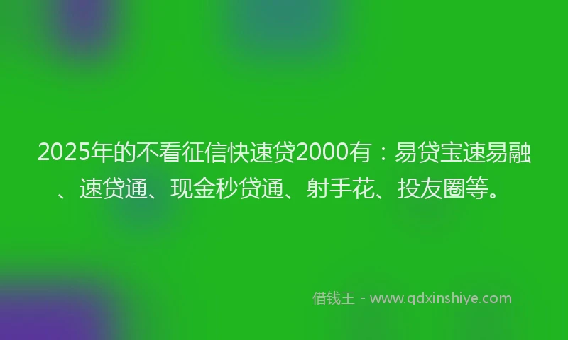 2025年的不看征信快速贷2000有：易贷宝速易融、速贷通、现金秒贷通、射手花、投友圈等。