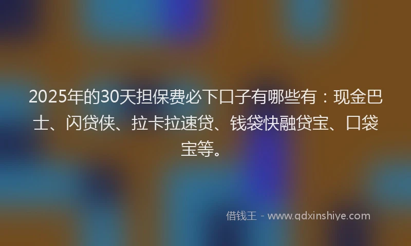 2025年的30天担保费必下口子有哪些有：现金巴士、闪贷侠、拉卡拉速贷、钱袋快融贷宝、口袋宝等。