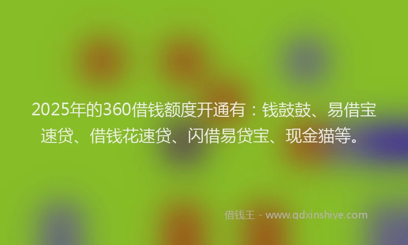 2025年的360借钱额度开通有：钱鼓鼓、易借宝速贷、借钱花速贷、闪借易贷宝、现金猫等。