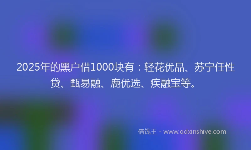 2025年的黑户借1000块有：轻花优品、苏宁任性贷、甄易融、鹿优选、疾融宝等。