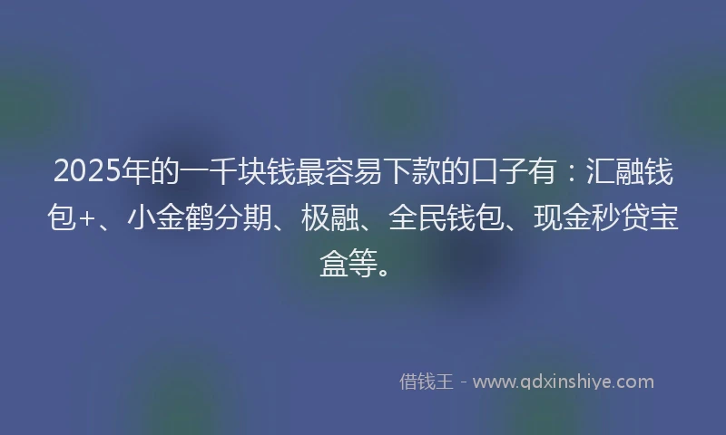 2025年的一千块钱最容易下款的口子有：汇融钱包+、小金鹤分期、极融、全民钱包、现金秒贷宝盒等。