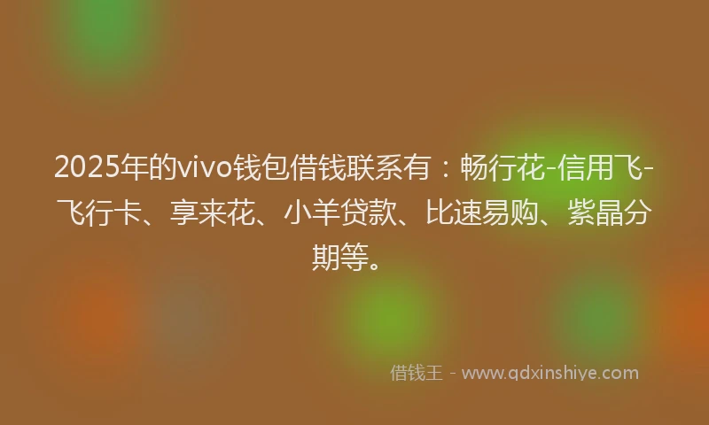 2025年的vivo钱包借钱联系有：畅行花-信用飞-飞行卡、享来花、小羊贷款、比速易购、紫晶分期等。