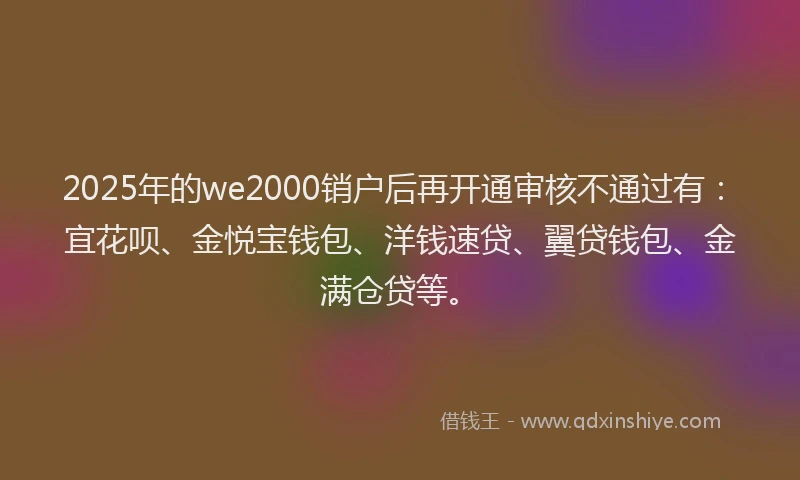2025年的we2000销户后再开通审核不通过有：宜花呗、金悦宝钱包、洋钱速贷、翼贷钱包、金满仓贷等。