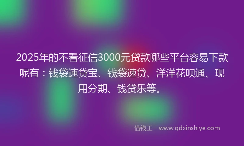 2025年的不看征信3000元贷款哪些平台容易下款呢有：钱袋速贷宝、钱袋速贷、洋洋花呗通、现用分期、钱贷乐等。
