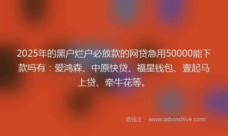 2025年的黑户烂户必放款的网贷急用50000能下款吗有：爱鸿森、中原快贷、福星钱包、壹起马上贷、牵牛花等。