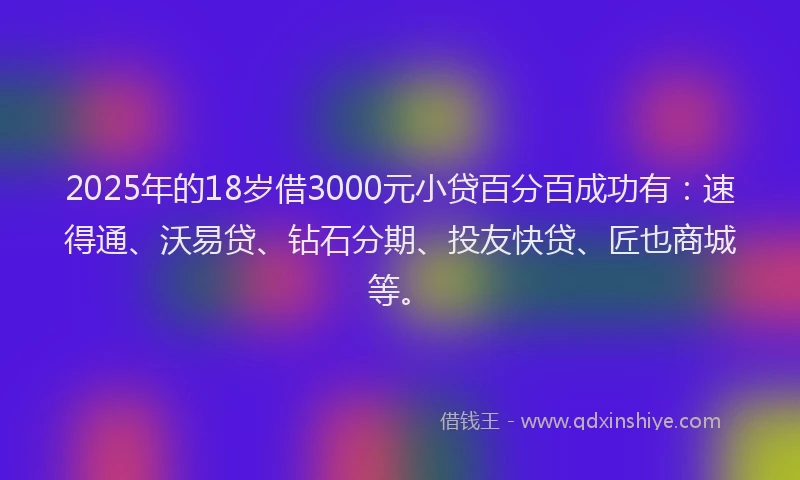 2025年的18岁借3000元小贷百分百成功有：速得通、沃易贷、钻石分期、投友快贷、匠也商城等。