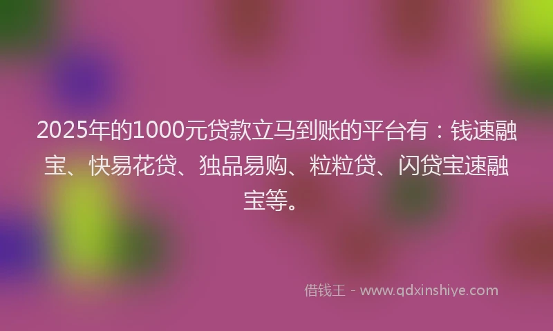 2025年的1000元贷款立马到账的平台有：钱速融宝、快易花贷、独品易购、粒粒贷、闪贷宝速融宝等。
