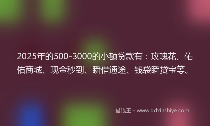 2025年的500-3000的小额贷款有：玫瑰花、佑佑商城、现金秒到、瞬借通途、钱袋瞬贷宝等。