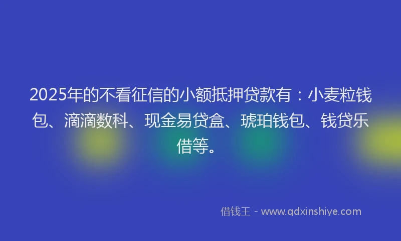 2025年的不看征信的小额抵押贷款有：小麦粒钱包、滴滴数科、现金易贷盒、琥珀钱包、钱贷乐借等。