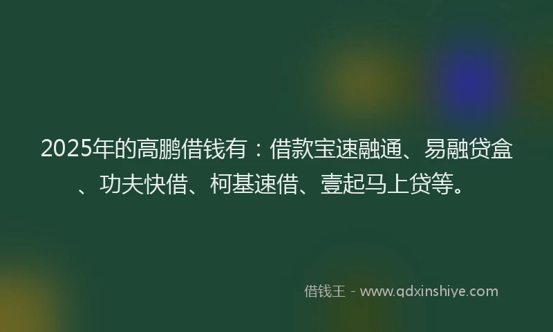 2025年的高鹏借钱有：借款宝速融通、易融贷盒、功夫快借、柯基速借、壹起马上贷等。