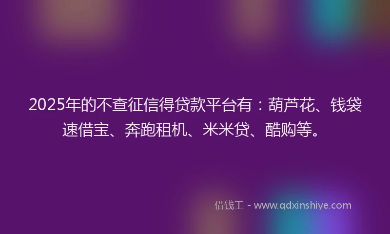 2025年的不查征信得贷款平台有：葫芦花、钱袋速借宝、奔跑租机、米米贷、酷购等。