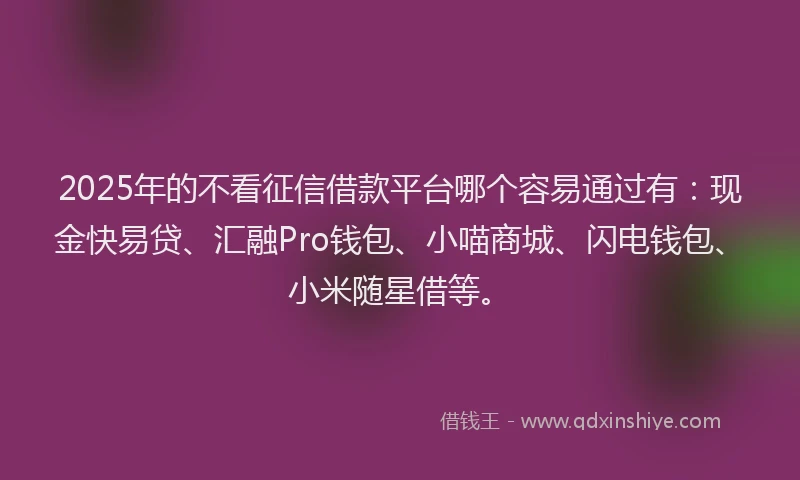 2025年的不看征信借款平台哪个容易通过有：现金快易贷、汇融Pro钱包、小喵商城、闪电钱包、小米随星借等。
