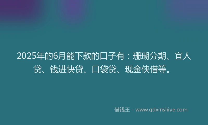 2025年的6月能下款的口子有：珊瑚分期、宜人贷、钱进快贷、口袋贷、现金侠借等。