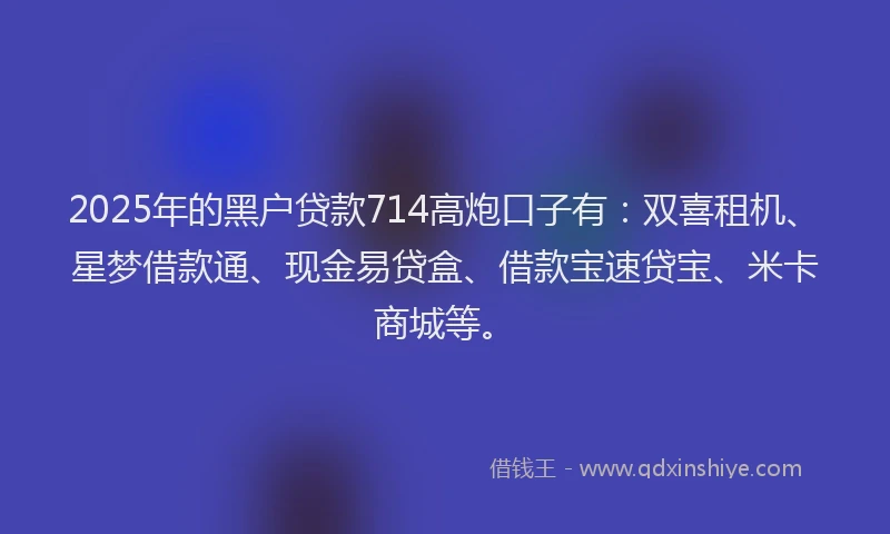 2025年的黑户贷款714高炮口子有：双喜租机、星梦借款通、现金易贷盒、借款宝速贷宝、米卡商城等。