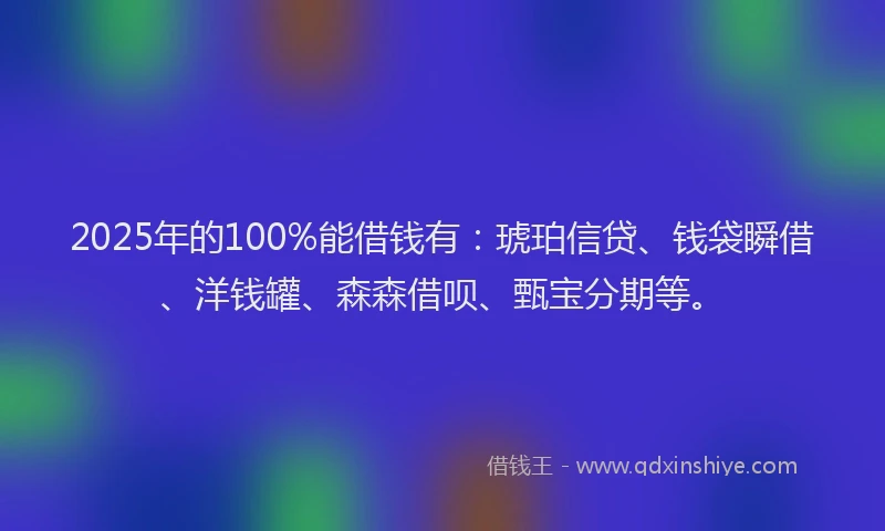 2025年的100%能借钱有：琥珀信贷、钱袋瞬借、洋钱罐、森森借呗、甄宝分期等。