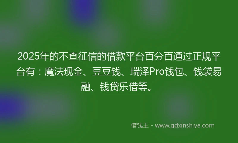 2025年的不查征信的借款平台百分百通过正规平台有：魔法现金、豆豆钱、瑞泽Pro钱包、钱袋易融、钱贷乐借等。