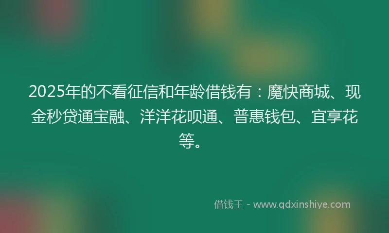 2025年的不看征信和年龄借钱有：魔快商城、现金秒贷通宝融、洋洋花呗通、普惠钱包、宜享花等。