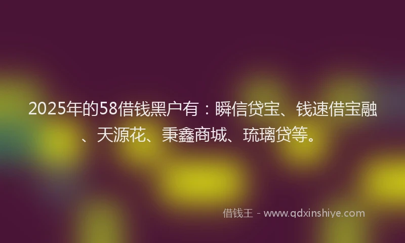 2025年的58借钱黑户有：瞬信贷宝、钱速借宝融、天源花、秉鑫商城、琉璃贷等。