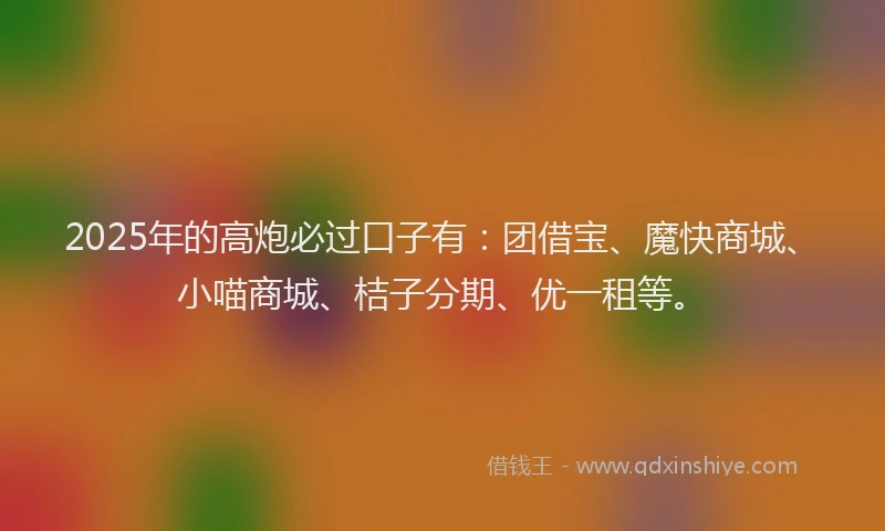 2025年的高炮必过口子有：团借宝、魔快商城、小喵商城、桔子分期、优一租等。