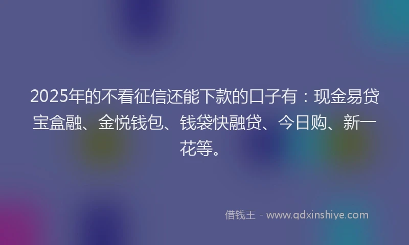 2025年的不看征信还能下款的口子有：现金易贷宝盒融、金悦钱包、钱袋快融贷、今日购、新一花等。