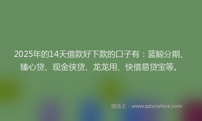 2025年的14天借款好下款的口子有：蓝鲸分期、臻心贷、现金侠贷、龙龙用、快借易贷宝等。