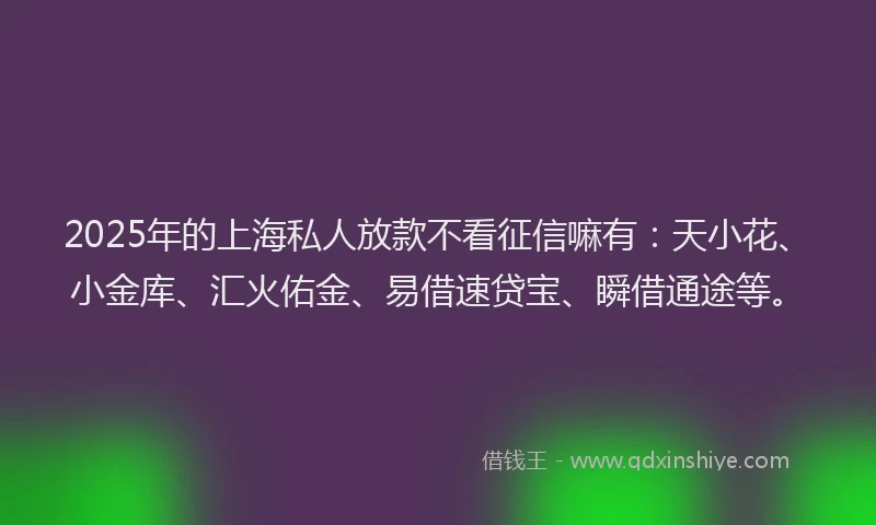 2025年的上海私人放款不看征信嘛有:天小花、小金库、汇火佑金、易借速贷宝、瞬借通途等。