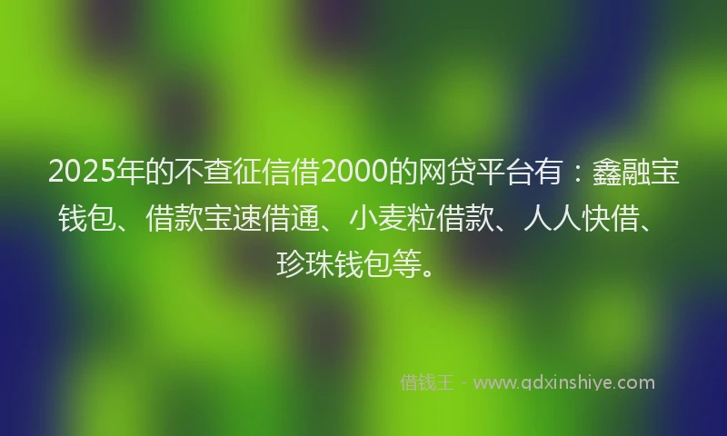 2025年的不查征信借2000的网贷平台有：鑫融宝钱包、借款宝速借通、小麦粒借款、人人快借、珍珠钱包等。