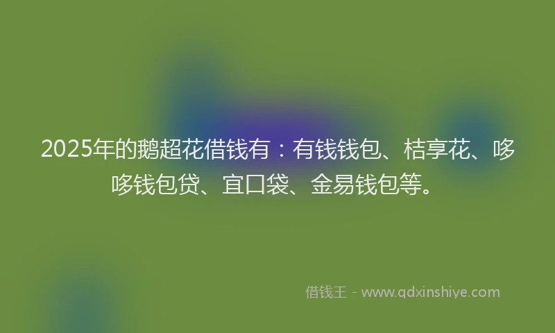 2025年的鹅超花借钱有：有钱钱包、桔享花、哆哆钱包贷、宜口袋、金易钱包等。