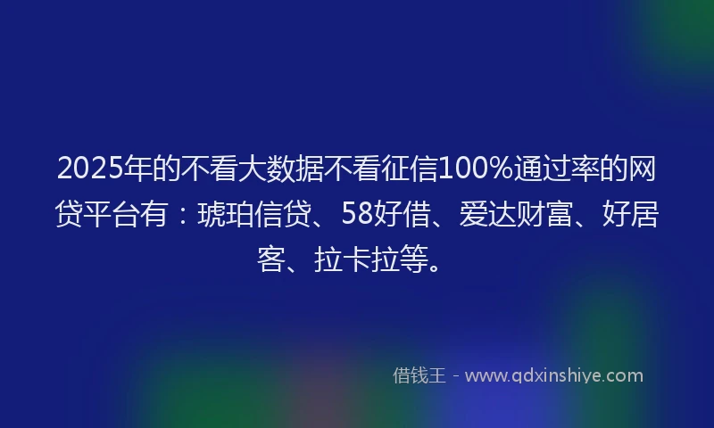 2025年的不看大数据不看征信100%通过率的网贷平台有：琥珀信贷、58好借、爱达财富、好居客、拉卡拉等。