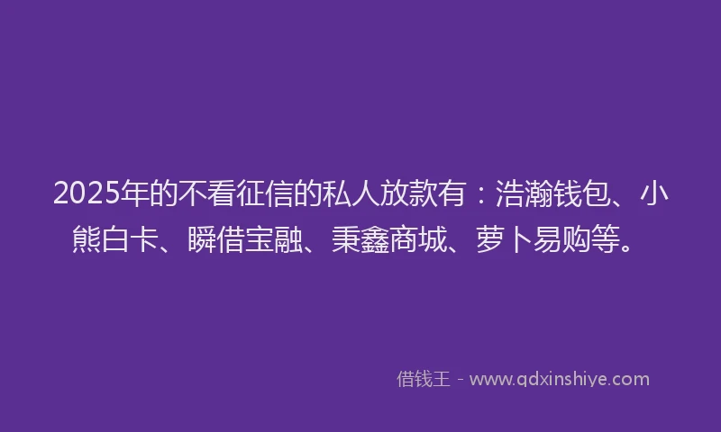 2025年的不看征信的私人放款有：浩瀚钱包、小熊白卡、瞬借宝融、秉鑫商城、萝卜易购等。
