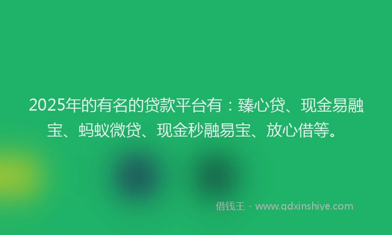 2025年的有名的贷款平台有：臻心贷、现金易融宝、蚂蚁微贷、现金秒融易宝、放心借等。