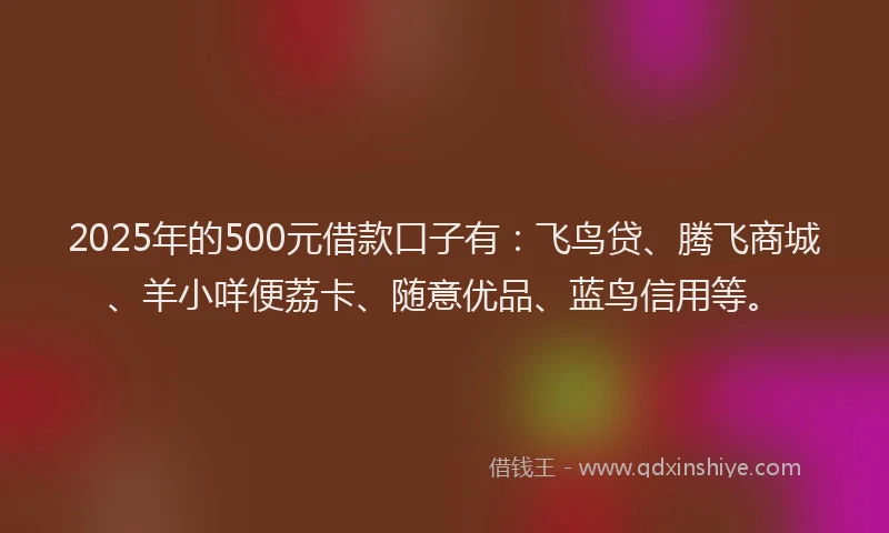2025年的500元借款口子有：飞鸟贷、腾飞商城、羊小咩便荔卡、随意优品、蓝鸟信用等。