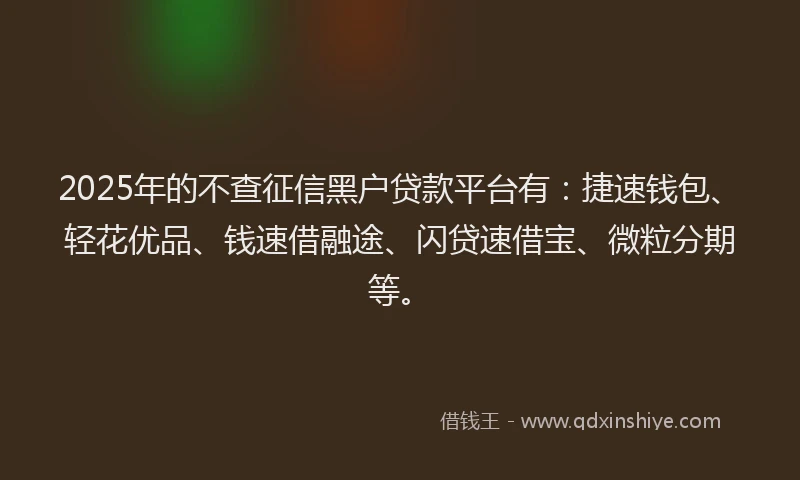 2025年的不查征信黑户贷款平台有：捷速钱包、轻花优品、钱速借融途、闪贷速借宝、微粒分期等。