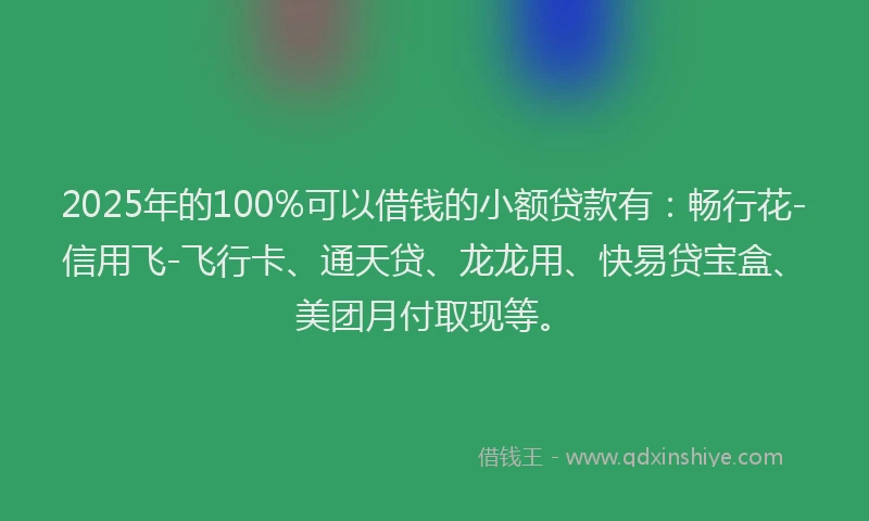 2025年的100%可以借钱的小额贷款有：畅行花-信用飞-飞行卡、通天贷、龙龙用、快易贷宝盒、美团月付取现等。